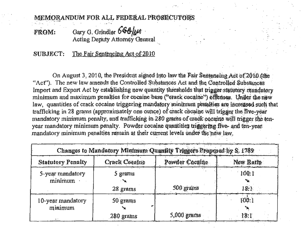 Memo sent to federal prosecuters announcing the Fair Sentencing Act