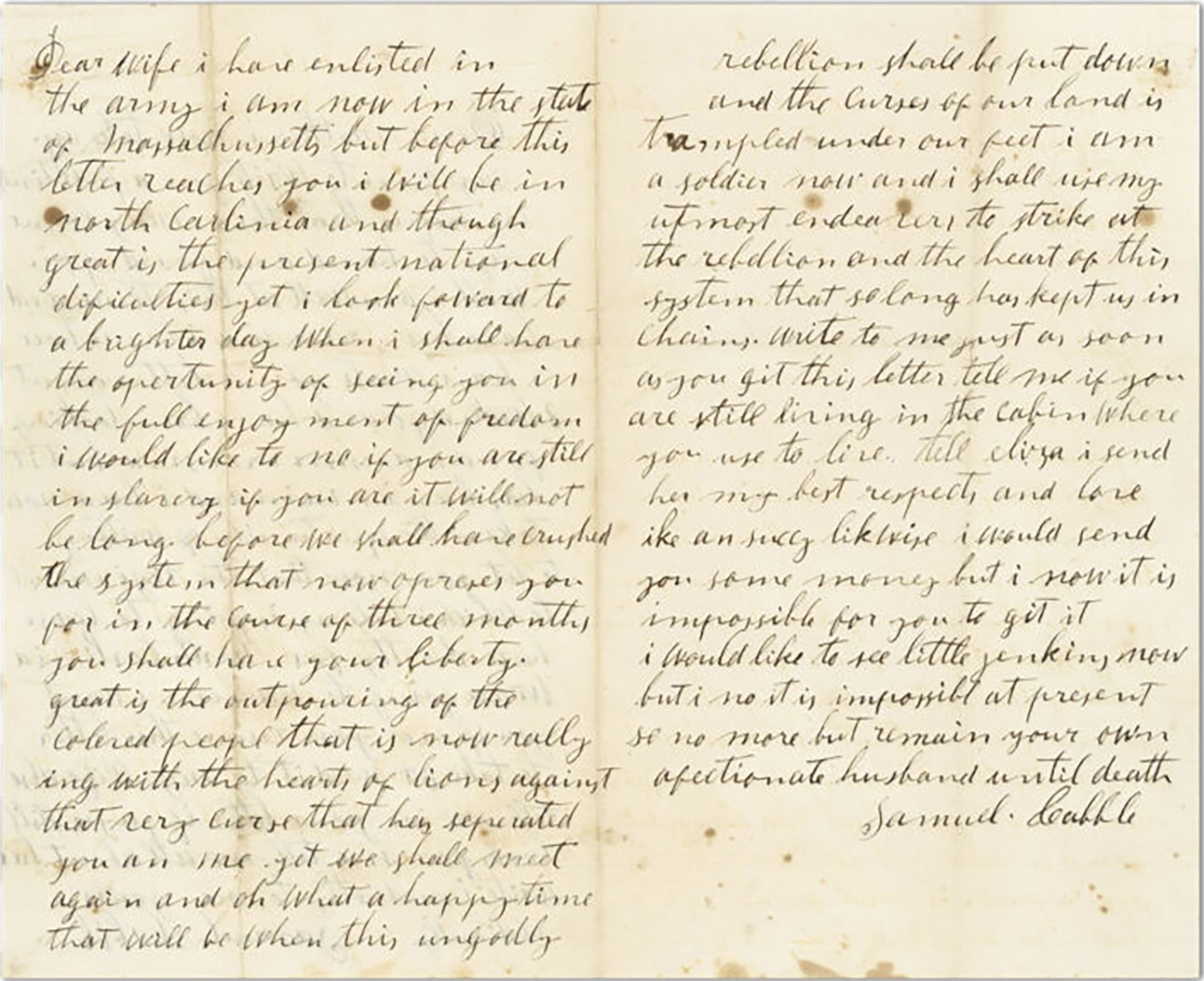 Image of the letter from Samuel Cabble to his wife.